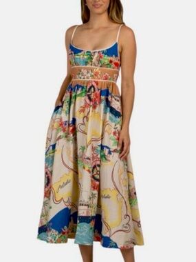 NWT Christian Lacroix linen White Lotus map print vacation sundress Dress S 4-6